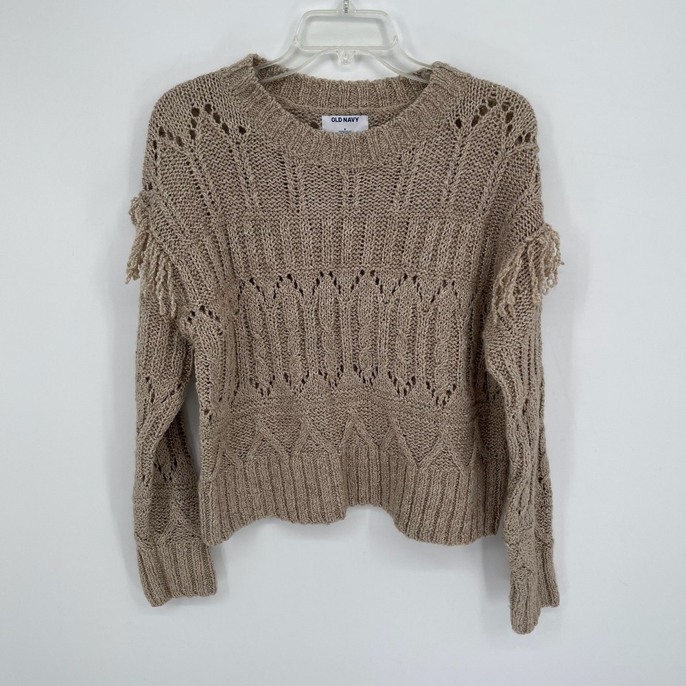 Old Navy Women's Tan Crochet Fringe Pointelle Knit Sweater Size Small‎